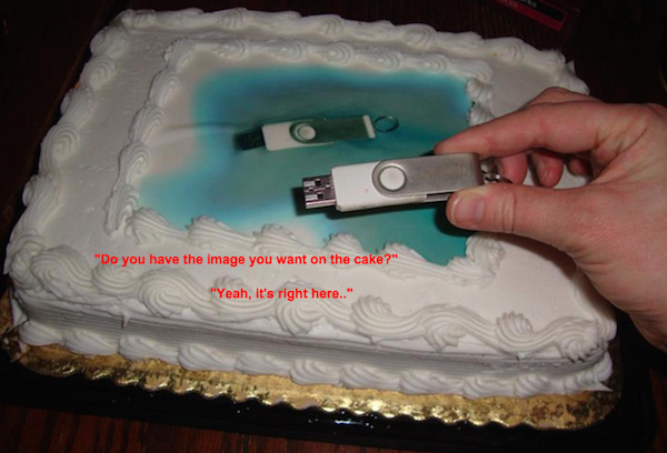 monday meme of funny cake fails - "Do you have the image you want on the cake?" "Yeah, it's right here.."