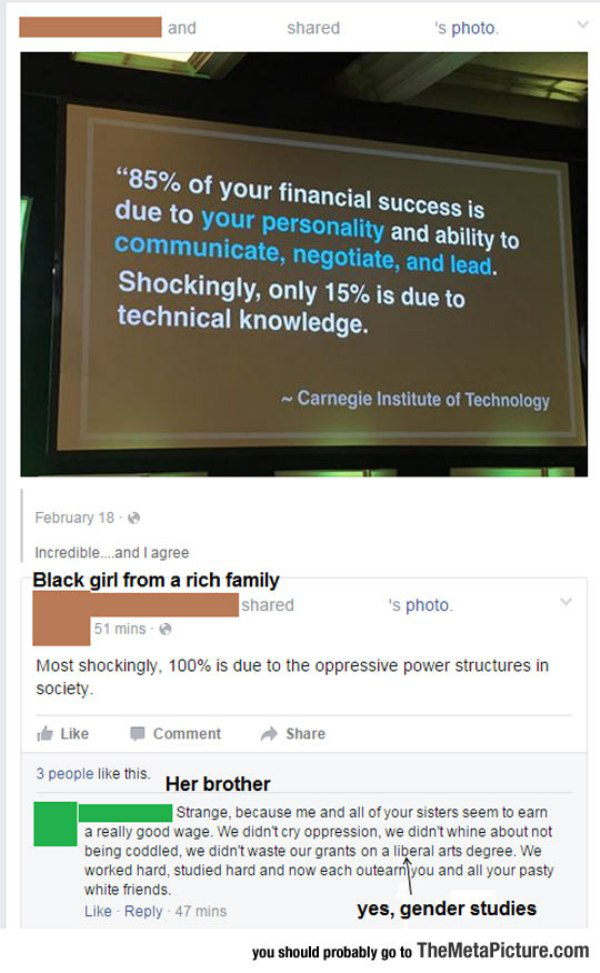 carnegie institute of technology meme black girl - and d 's photo "85% of your financial success is due to your personality and ability to communicate, negotiate, and lead. Shockingly, only 15% is due to technical knowledge. ~ Carnegie Institute of Techno