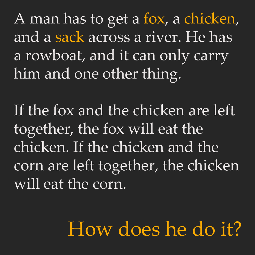 mind blowing riddles with answers - A man has to get a fox, a chicken, and a sack across a river. He has a rowboat, and it can only carry him and one other thing. If the fox and the chicken are left together, the fox will eat the chicken. If the chicken a