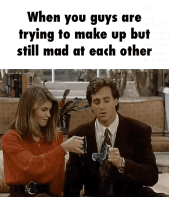 Gif meme of trying to make up but still mad at each other cheers coffee mug crash
