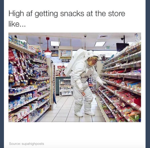 Spaceman getting snack in meme about how it feels buying snacks when you are high
