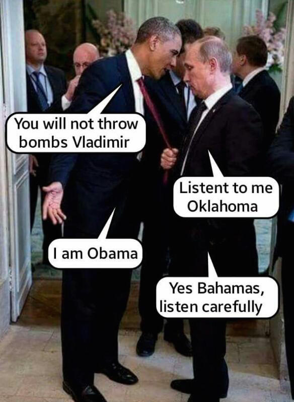 Funny meme of Putin grabbing Obama by the tie