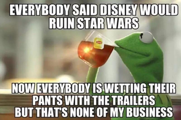 None of my business meme of Kermit drinking tea about how everyone thought Disney would ruin Star Wars and now can't wait to see it after the trailers.