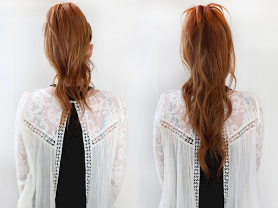 Longer pony tail without extensions made easy. Simply create two pony tails on top of each other – done.