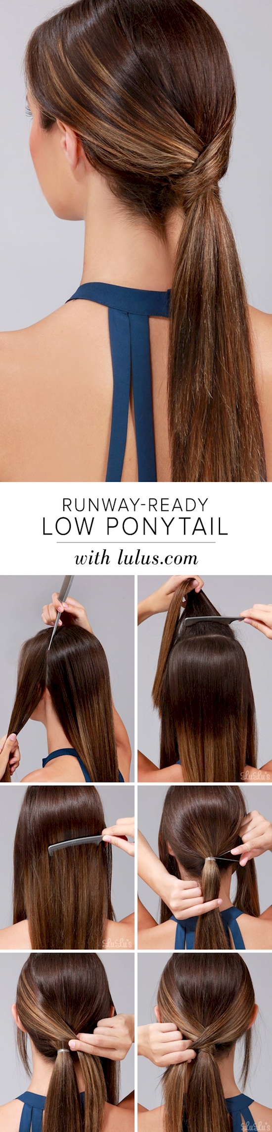 By first dividing your hair into three parts, you can create a luscious low ponytail.