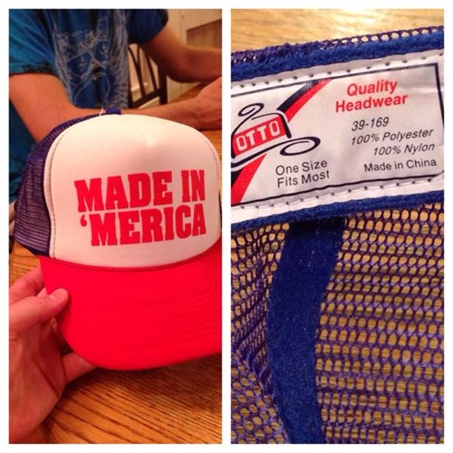 made in america fail - 2 Quality Headwear 39169 100% Polyester 100% Nylon Made in China Otto One Size Fits Most Made In "Merica Seness