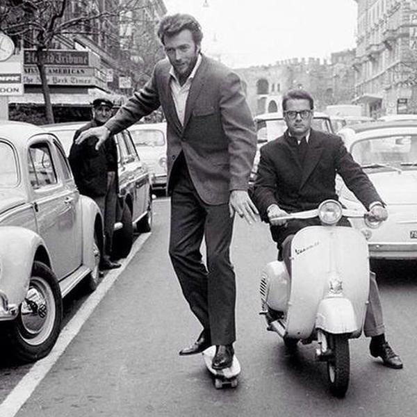 Clint Eastwood on a skateboard in Rome in 1965.