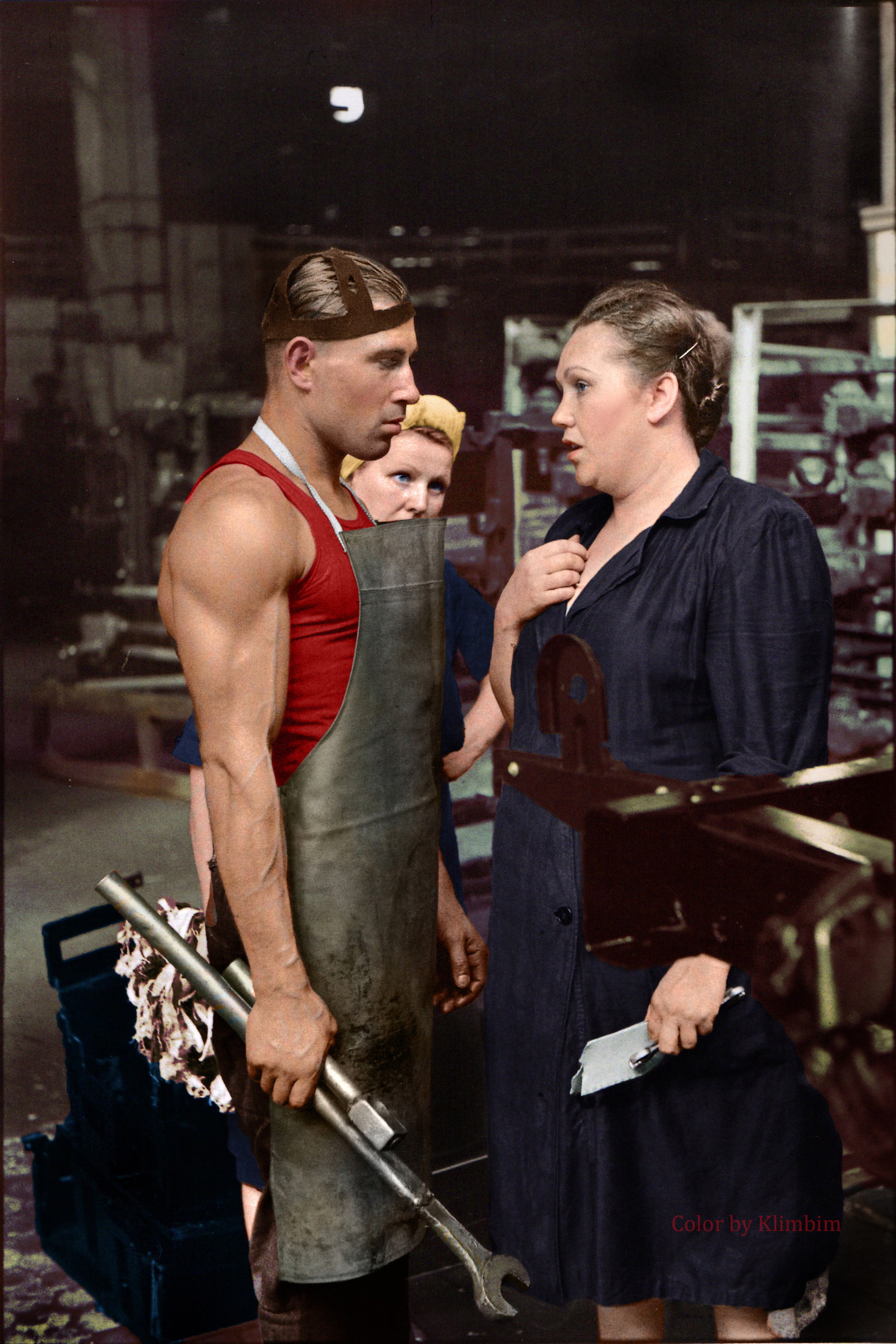 A worker and a supervisor in a car factory, Moscow, 1954.