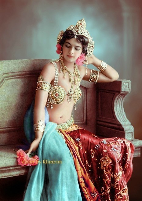 Mata Hari in the 1900s. Interestingly enough, the photo was taken in black and white and colored in afterwards.