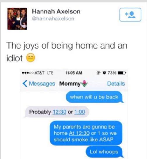 extreme stupidity texts - Hannah Axelson The joys of being home and an idiote ...00 At&T Lte 0 73% D