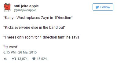 tweet - document - anti joke apple y 1 Kanye West replaces Zayn in 1Direction Kicks everyone else in the band out