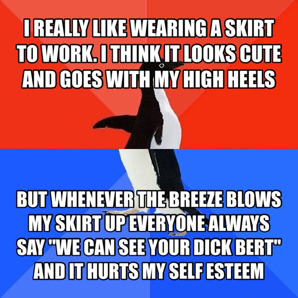 human behavior - I Really Wearing A Skirt To Work. I Think It Looks Cute And Goes With My High Heels But Whenever The Breeze Blows My Skirt Up Everyone Always Say "We Can See Your Dick Bert" And It Hurts My Self Esteem