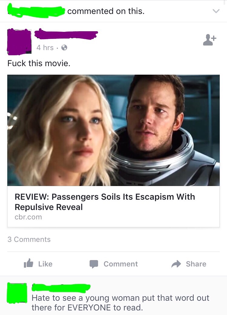chris pratt and jennifer lawrence passengers movie - commented on this. 4 hrs. Fuck this movie. Review Passengers Soils Its Escapism With Repulsive Reveal cbr.com 3 It Comment Hate to see a young woman put that word out there for Everyone to read.