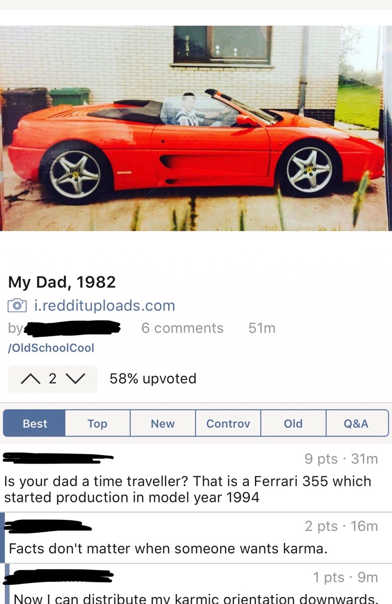 dude claiming a pic to be of his father pointed out that the car is a bit to new for his dad to have actually owned back then.
