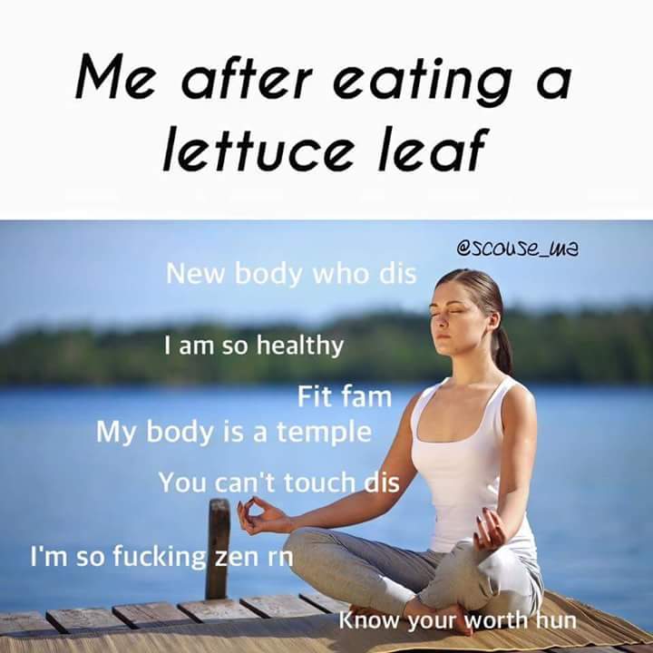meme - me after eating a lettuce leaf - Me after eating a lettuce leaf New body who dis I am so healthy Fit fam My body is a temple You can't touch dis I'm so fucking zen in Know your worth hun
