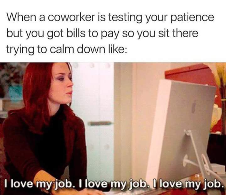 meme - love my job i love my job - When a coworker is testing your patience but you got bills to pay so you sit there trying to calm down I love my job. I love my job. I love my job.