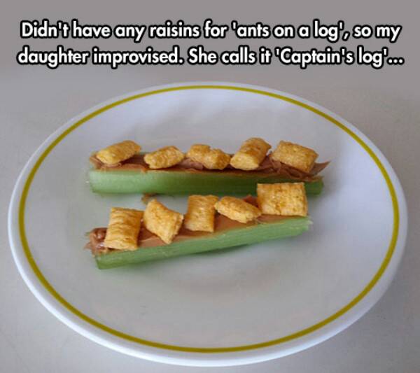 meme stream - james bond funny - Didn't have any raisins for 'ants on a log', so my daughter improvised. She calls it "Captain's log..