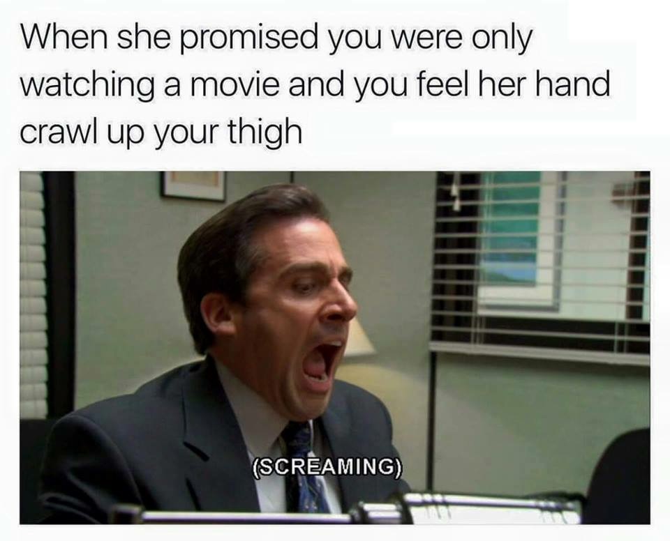 office netflix meme - When she promised you were only watching a movie and you feel her hand crawl up your thigh Screaming