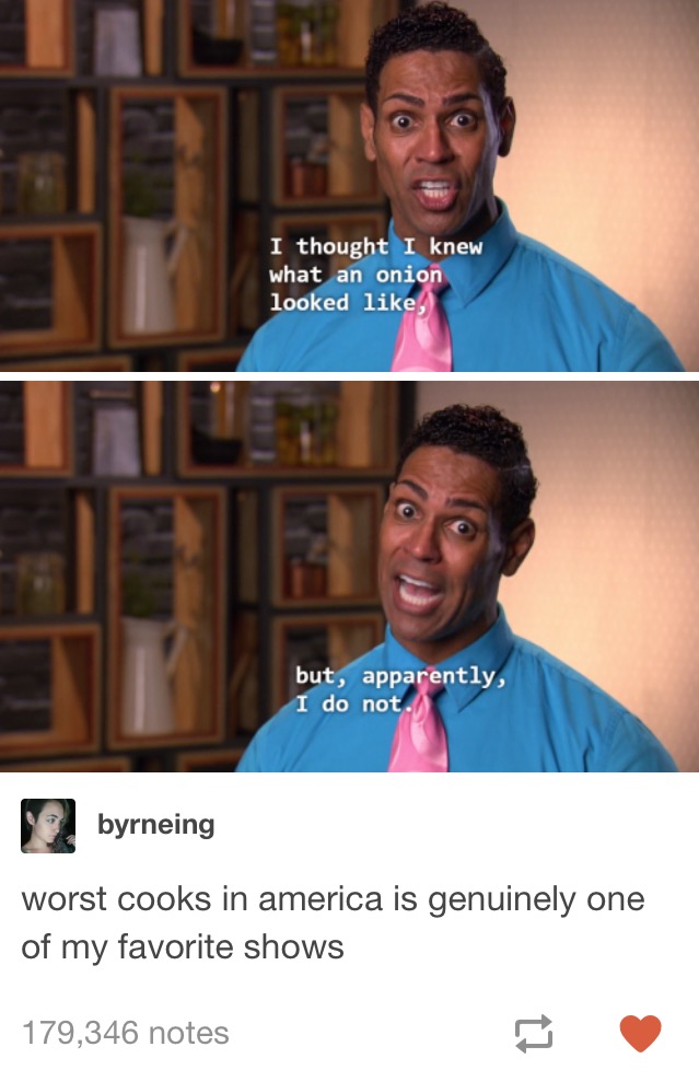 worst cook meme - I thought I knew what an onion looked , but, apparently, I do not byrneing worst cooks in america is genuinely one of my favorite shows 179,346 notes