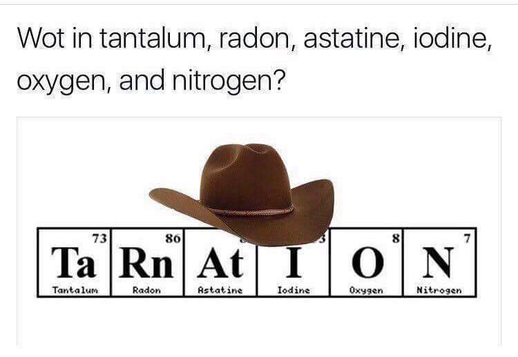 meme stream - wot in tantalum - Wot in tantalum, radon, astatine, iodine, oxygen, and nitrogen? 80 Ta" Rn At I On Tantalum Radon Astatine Iodine Oxygen Nitrogen