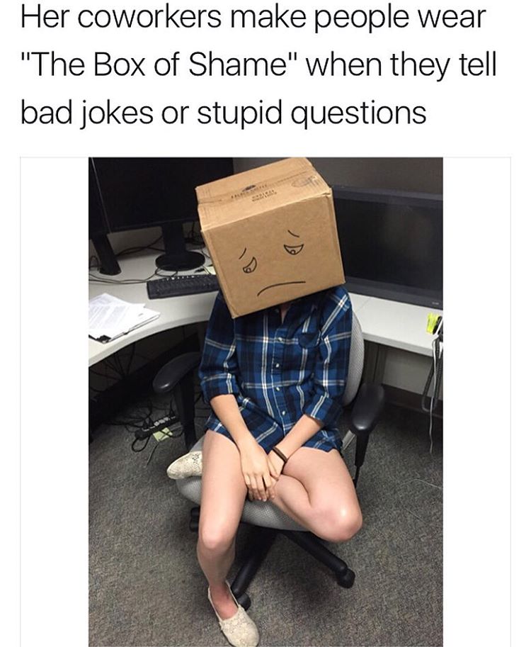 box of shame bad jokes - Her coworkers make people wear "The Box of Shame" when they tell bad jokes or stupid questions