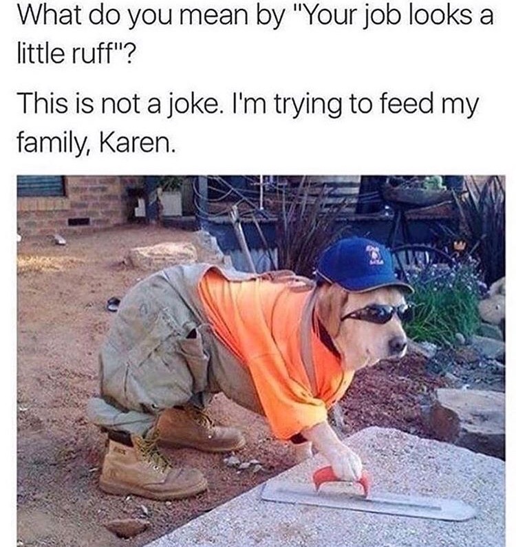funny karen memes - What do you mean by "Your job looks a little ruff"? This is not a joke. I'm trying to feed my family, Karen.