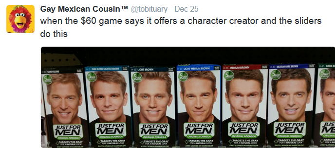 Hair products line-up of men that look like slider on video game character builder.