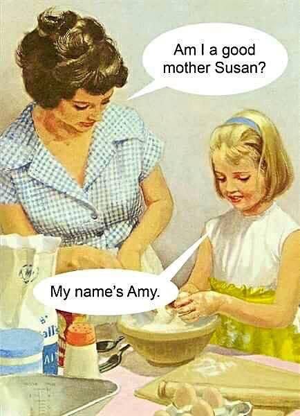 Funny meme from classic drawing of mom and daughter, with speech bubbles implying a conversation in which the mom doesn't remember the girl's name.