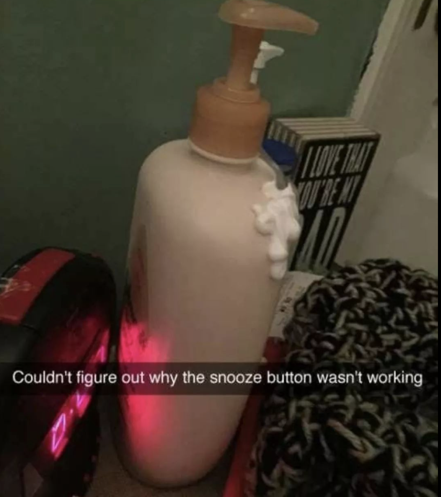 memes - bottle of lotion and tissues - Couldn't figure out why the snooze button wasn't working