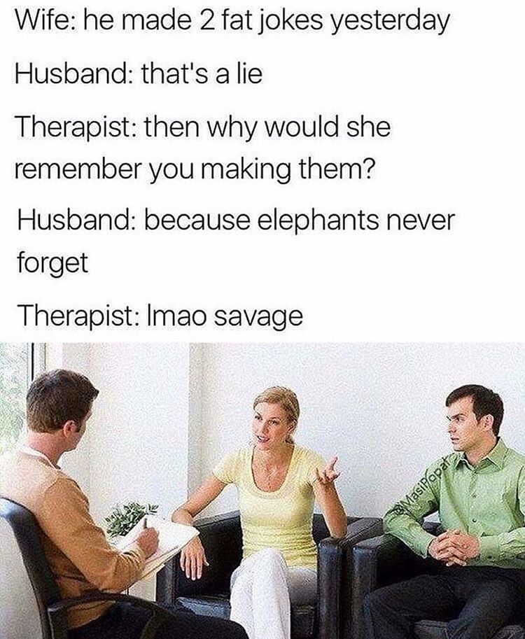 memes - savage fat jokes - Wife he made 2 fat jokes yesterday Husband that's a lie Therapist then why would she remember you making them? Husband because elephants never forget Therapist Imao savage Masipopata
