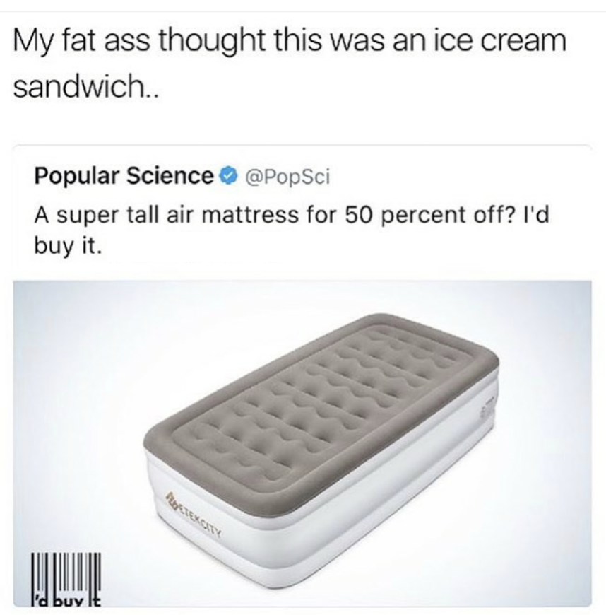 blow up mattress meme - My fat ass thought this was an ice cream sandwich.. Popular Science A super tall air mattress for 50 percent off? I'd buy it.