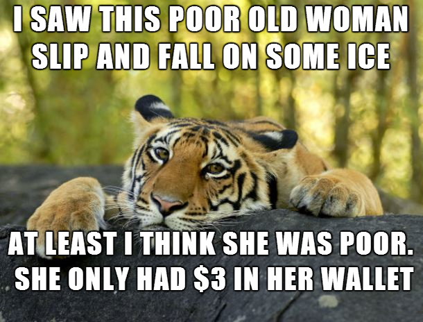 Funny meme of a tiger that saw someone trip and fall.