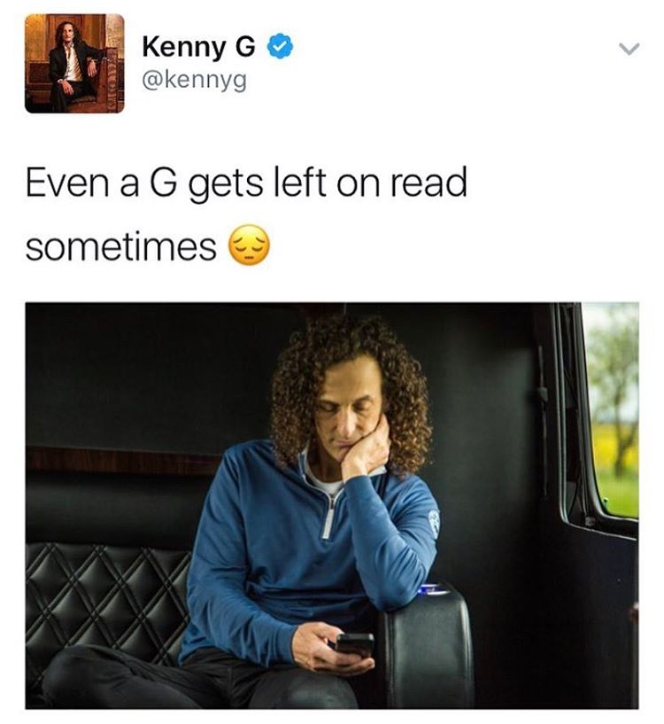 Meme of Kenny G on his phone, reading.