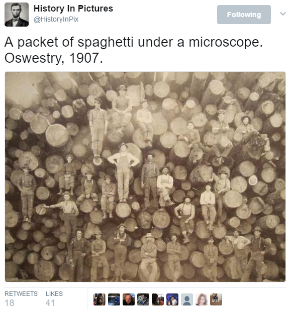 Meme of a packet of spaghetti under a microscope that was taken by Oswestry, 1907