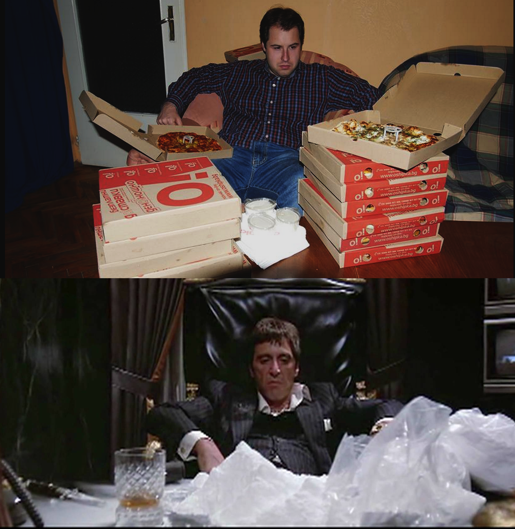 Man sitting with his pizza boxes juxtaposed to a screen shot on Tony Montana from Scarface.