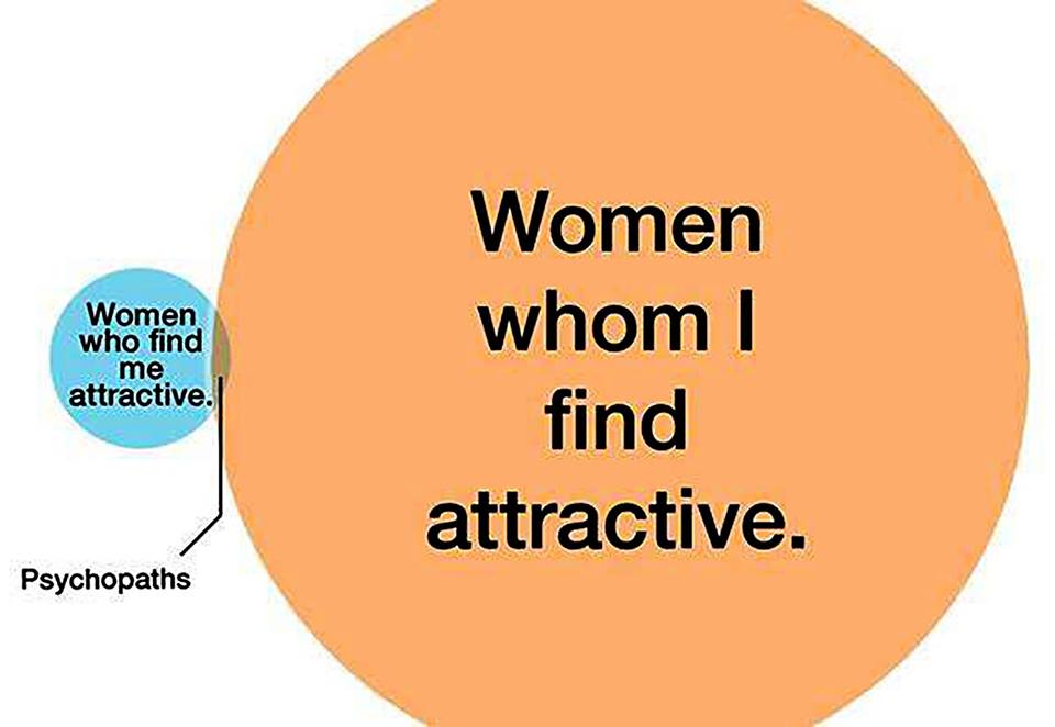 funny venn diagram about women whom I find attractive and women who find me attractive and the overlap of psycopaths