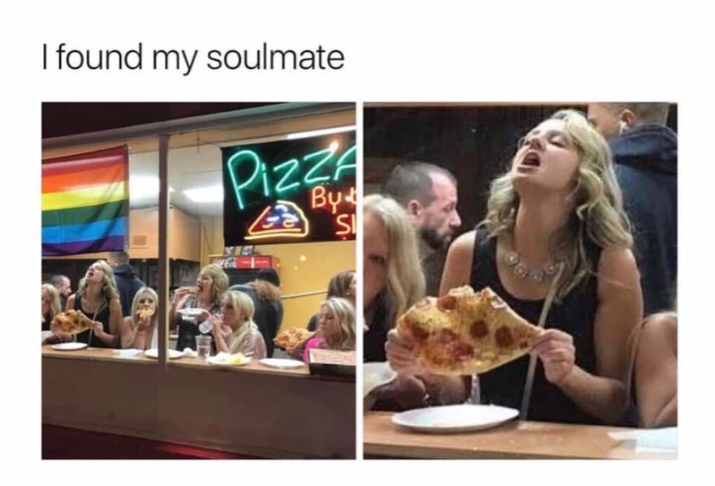 Girl eating pizza in a very erotic way, captioned that she is a soulmate.