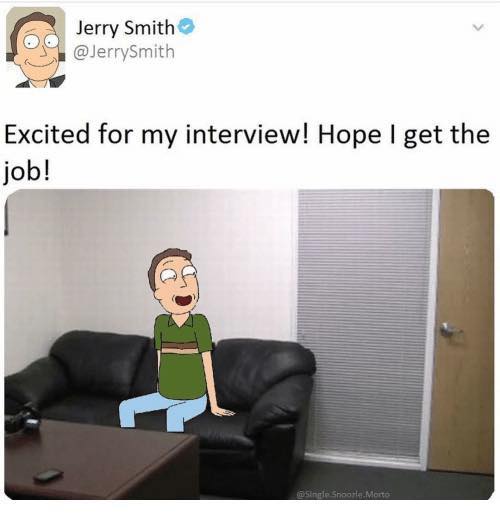 Cartoon character at a job interview on a couch.
