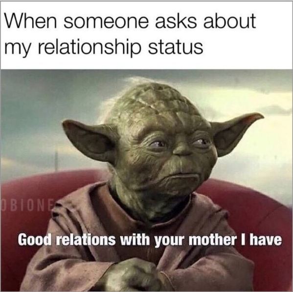 memes - yoda memes funny - When someone asks about my relationship status Biones Good relations with your mother I have