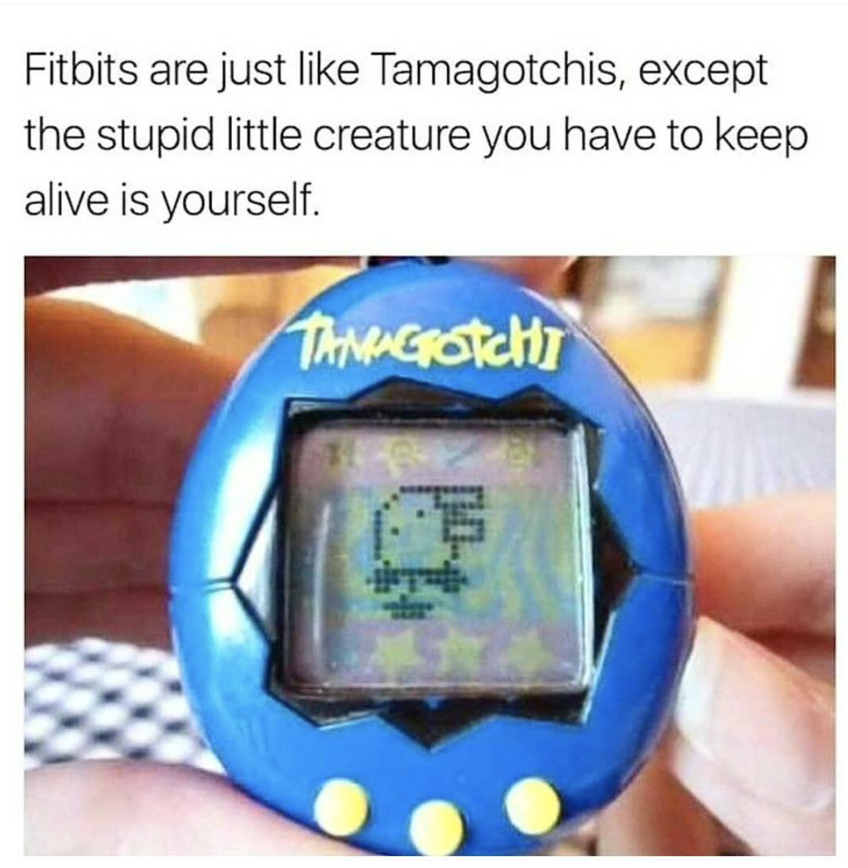 memes - fitbits are just like tamagotchis - Fitbits are just Tamagotchis, except the stupid little creature you have to keep alive is yourself. Timcotchi
