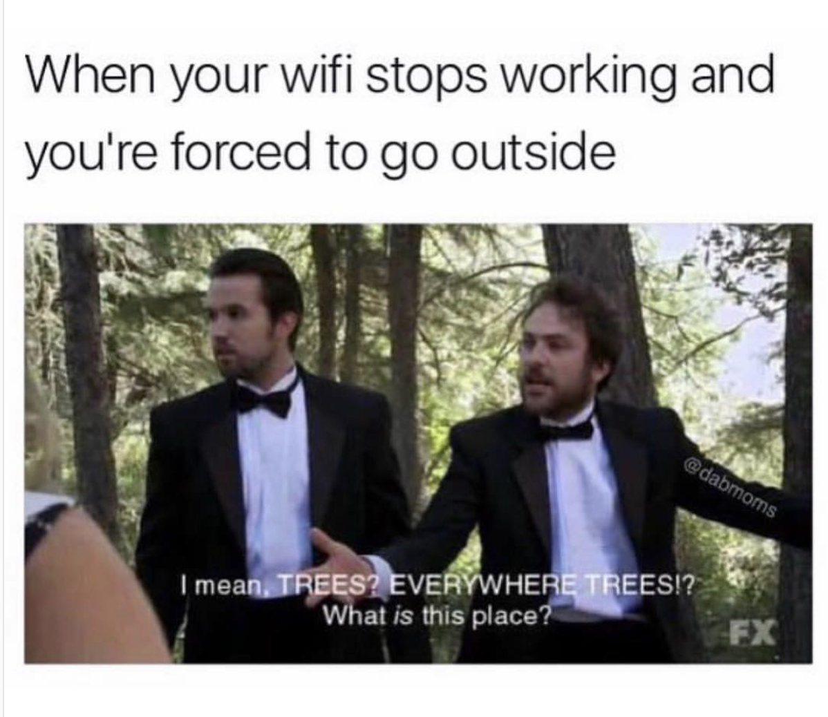 memes - always sunny in philadelphia quotes - When your wifi stops working and you're forced to go outside dabmoms I mean, Trees? Everywhere Trees!? What is this place? Fx