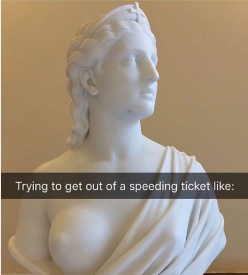 Meme of a statue exposing one boob and a joke comment of doing this to get out of a speeding ticket.