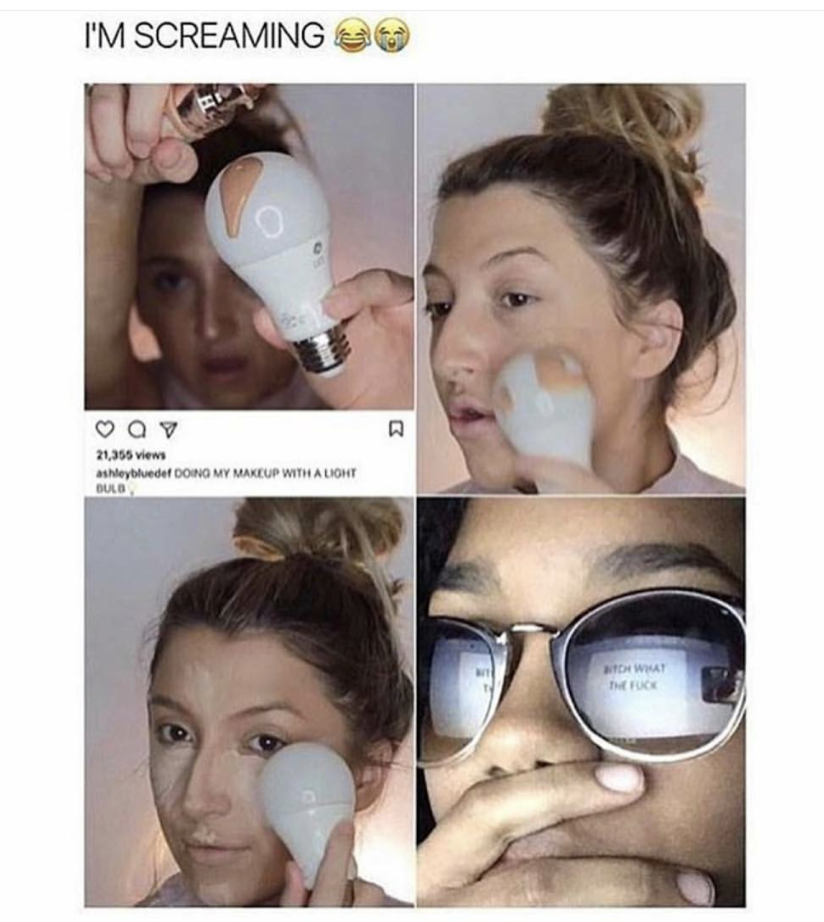 Girl putting on makeup using a lightbulb