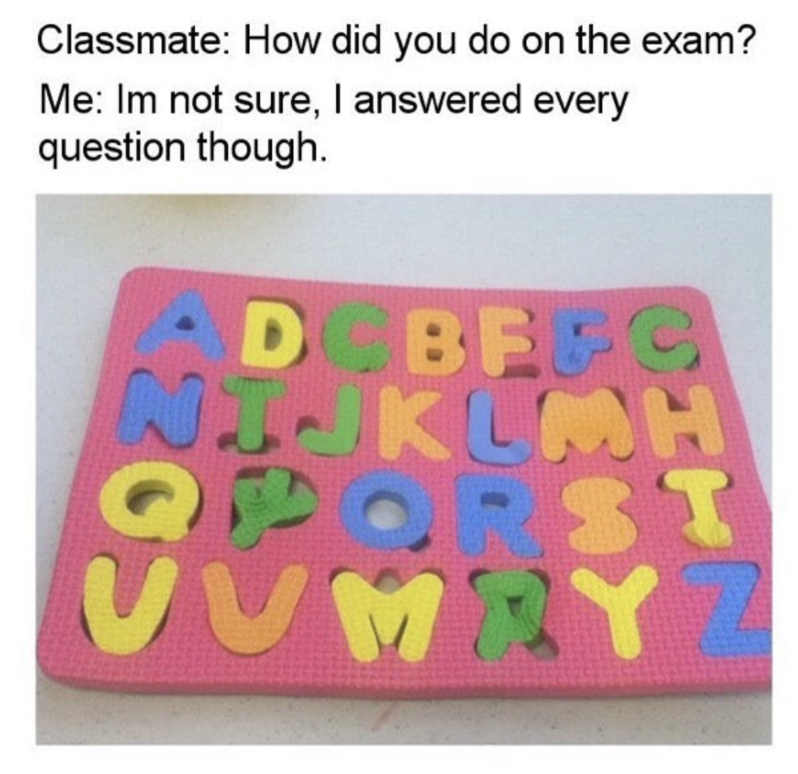 Meme about gauging if you well on a test based on how many questions you answered, with kids alphabet sponge toy all out of order but stuffed forcefully into each shape.