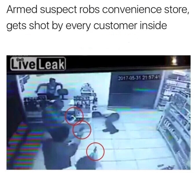Armed robbery in which suspect gets shot by every customer.