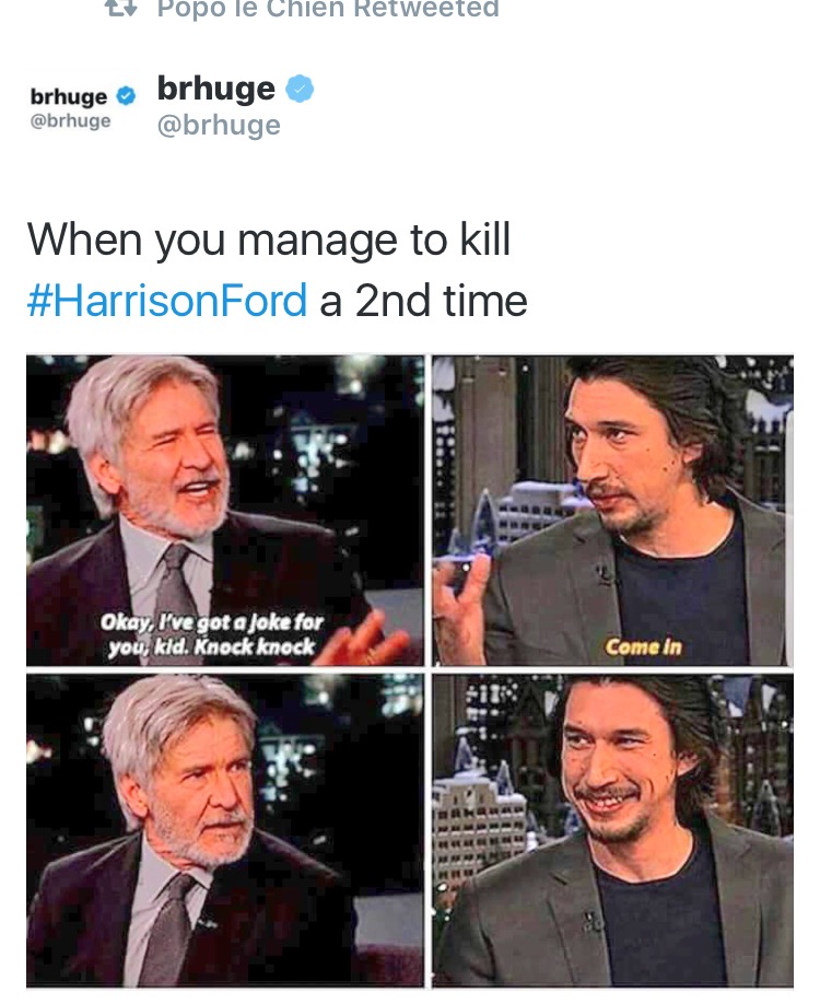 Harrison Ford Star Wars meme about the perfect way to answer a knock knock joke.
