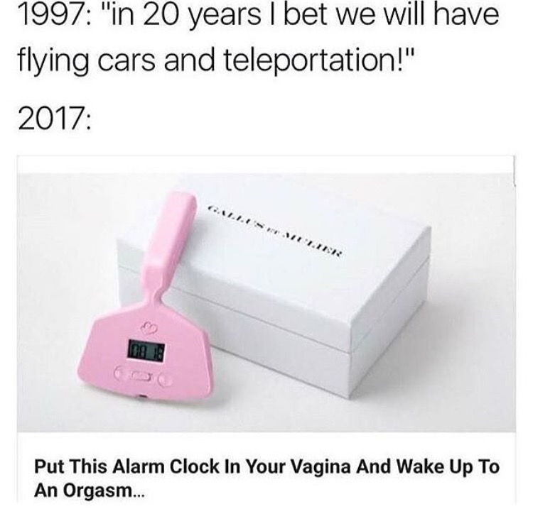 Meme about how we had all sorts of high expectations for the future in 1997 and now we have alarm clocks that vibrate a vagina.