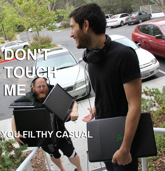 Meme of hardcore gamer with desktop being snarky to someone with a casual gamer laptop.