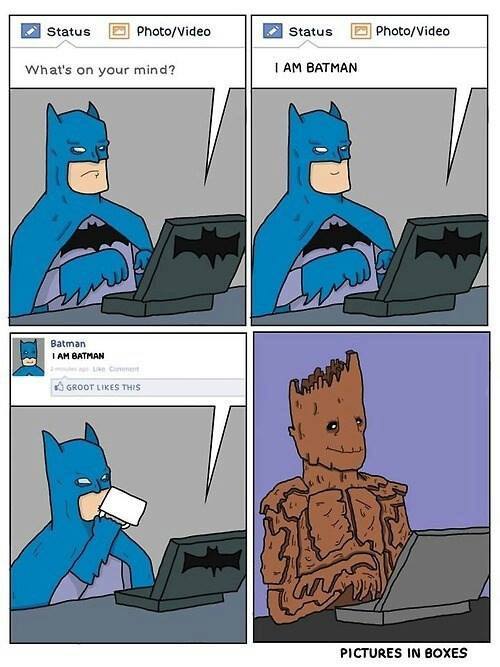 Batman on Facebook saying I AM BATMAN and Groot is also on Facebook, and he likes that post.