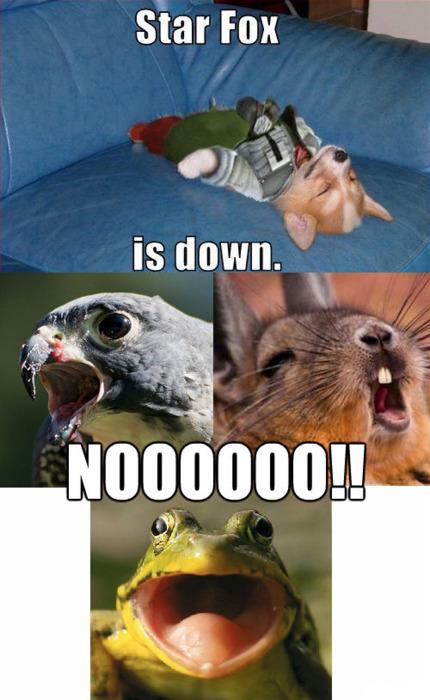 Dog dressed as Star Fox lying down on the couch, captioned as STAR FOX IS DOWN, and all sorts of other animals shout out NOOOO!!